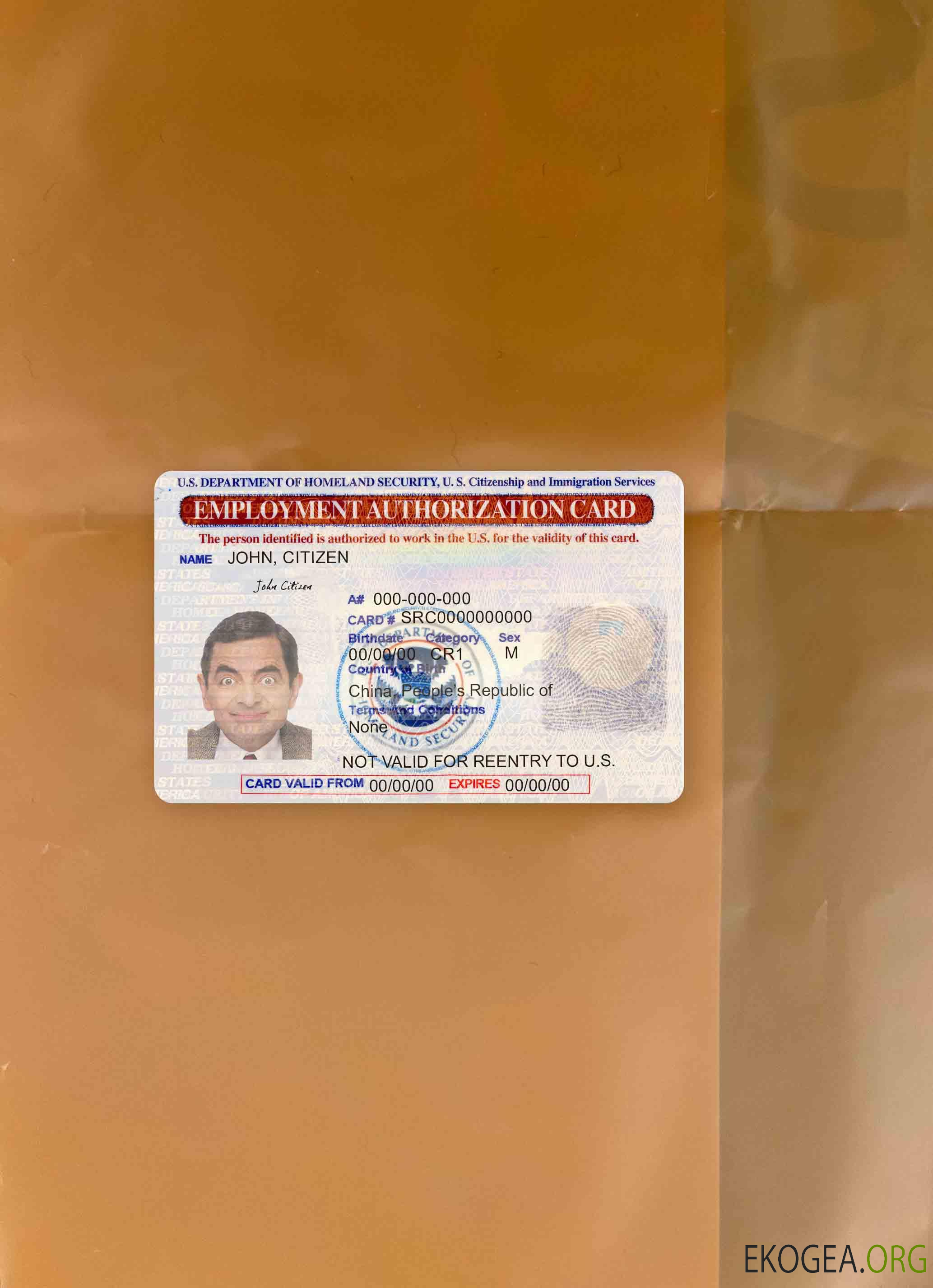 Photolook de la carte d'autorisation de travail aux États Unis